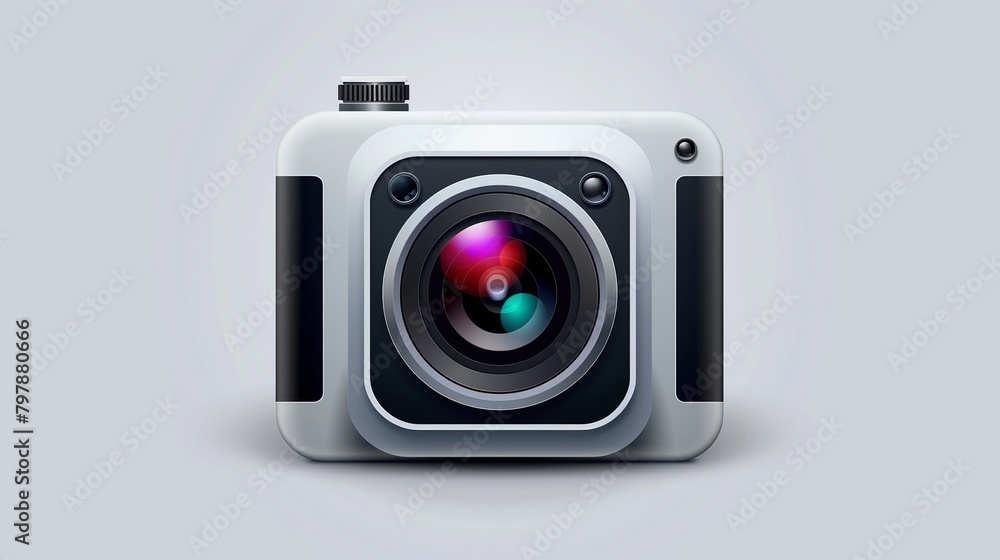 Camera icon for apps and websites. It shows a digital camera lens with a flash in a 3D square.
