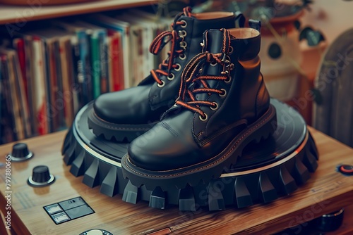 A product photograph featuring a pair of platform boots with chunky soles and contrasting laces resting on a vintage turntable, symbolizing the resurgence of retro influences in contemporary  photo