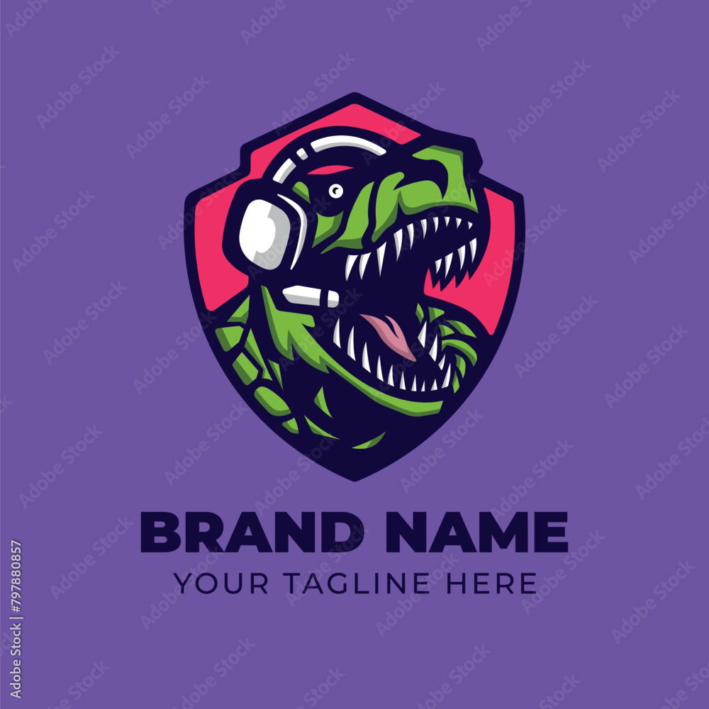 Esport gaming dinosaur T-Rex with headset mascot logo