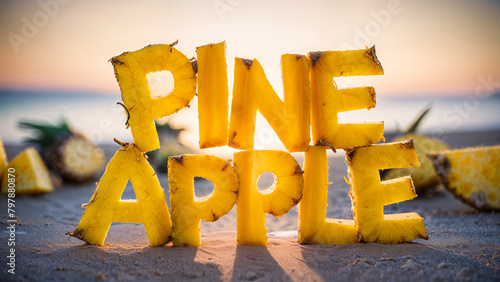 Golden summer pineapple fruit slices cut and arranged to spell the word "pineapple" on a sandy tropical paradise beach at sunset - creative typography concept. 
