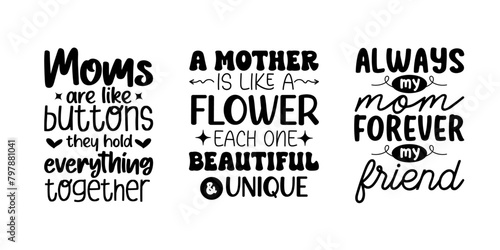 Set of mothers day quotes design. Print ready Mom lettering design for Mugs, T-shirts, Sublimation prints, Greeting cards, Digital media, Home decor and many more.