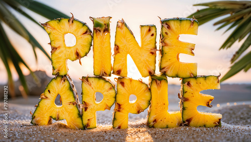 Golden summer pineapple fruit slices cut and arranged to spell the word "pineapple" on a sandy tropical paradise beach at sunset - creative typography concept. 