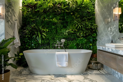 A serene bathroom with a freestanding bathtub  marble countertops  and a wall covered in lush greenery.