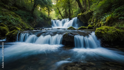 Landscape with river and forest with green trees. Silky crystal water and long exposure. Ordesa Pyrenees. 