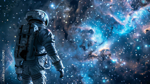 Astronauts in space, floating, represent the daring of humanity in embarking on the exploration of our vast universe.