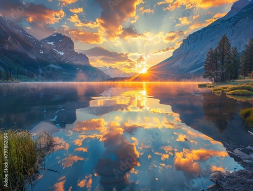 A breathtaking sunrise over the serene waters of a tranquil mountain lake  photo
