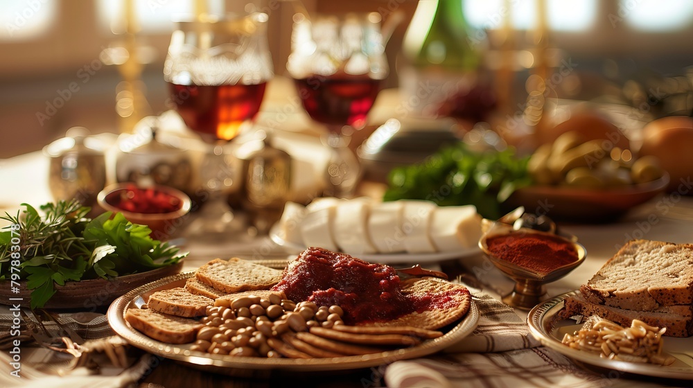 Common Passover foods are set on the dinner table. Common Passover foods are set on the dinner table.