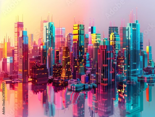 A digital cityscape with skyscrapers made of pixel blocks in vibrant colors 