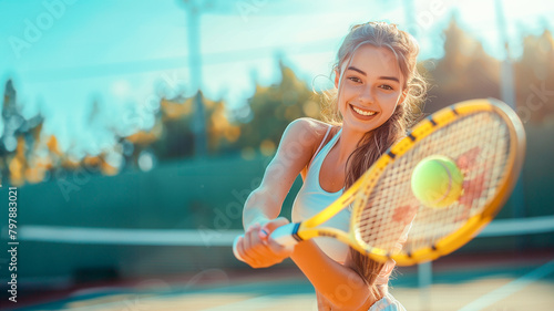 テニスラケットをスイングする笑顔の女性 photo