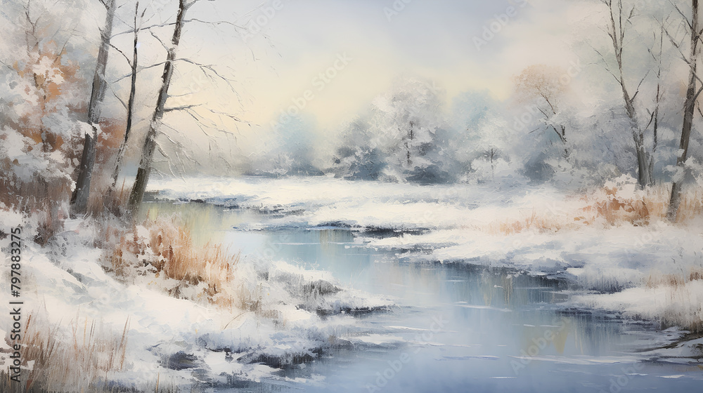 Crisp Winter's Morning, Snowy Riverbank, Soft Light Impressionism with Copy Space Crisp Winter's Morning, Snowy Riverbank, Soft Light Impressionism with Copy Space