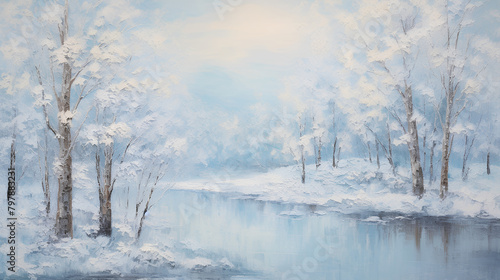 Wintry Serenity, Impressionist Snow-covered Trees, Icy River Scene with Copy Space