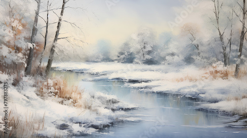 Crisp Winter's Morning, Snowy Riverbank, Soft Light Impressionism with Copy Space