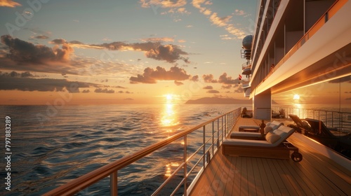 A luxury cruise ship sailing into the sunset, with passengers lounging on deck chairs, enjoying the serenity of the open sea.