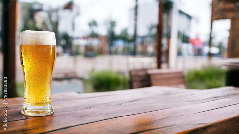 グラスビールと木製テーブル グラスビールと木製テーブル