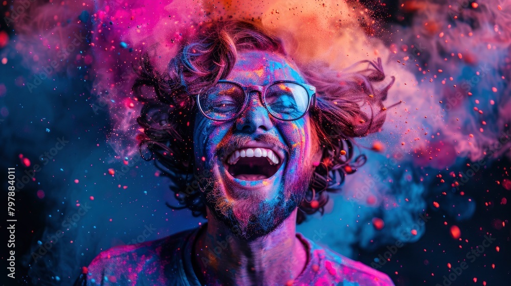 A man with an open mouth and glasses is covered in colorful powder, his hair was thrown up in the style of the explosion of color dust, he has an exaggerated smile showing teeth, black background A man with an open mouth and glasses is covered in colorful powder, his hair was thrown up in the style of the explosion of color dust, he has an exaggerated smile showing teeth, black background