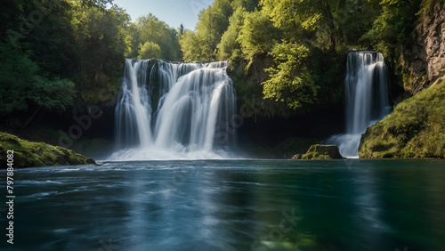 Landscape with river and forest with green trees. Silky crystal water and long exposure. Ordesa Pyrenees. 