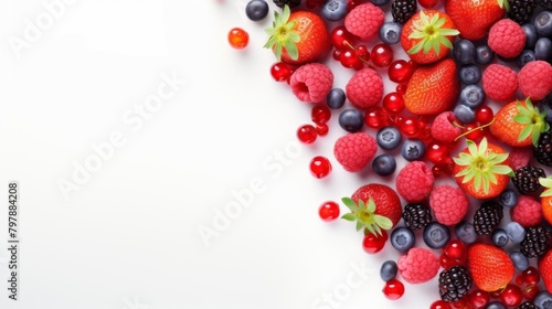 Place to adding text  a variety of berries are scattered on a white background.