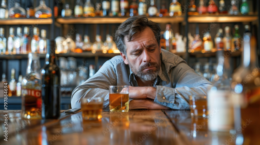 Sad middle aged alcoholic consuming drinks in pub, nodding off