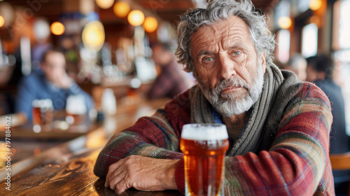 Old drunk depressed and stressed out old man in a bar