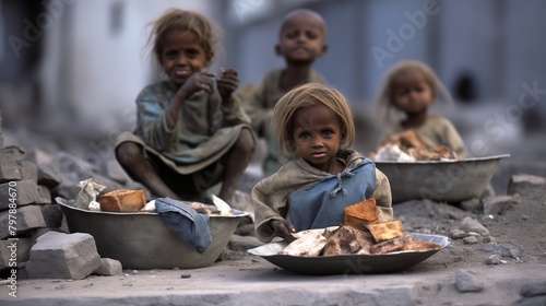 Heart-wrenching image of impoverished children with visible signs of malnutrition, highlighting the urgent need to address hunger and poverty. photo