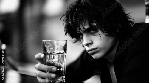 Some rock musician with drinking problem, black and white portrait