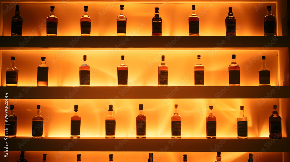 Rows of bottles on shelf in bar, amber yellow back lighting