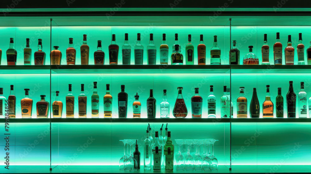Green lit bottles in pub or restaurant Green lit bottles in pub or restaurant