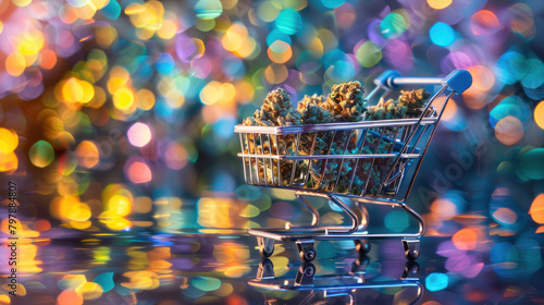 Supermarket trolley with marijuana on abstract colorful background