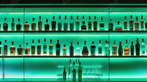 Green lit bottles in pub or restaurant © Kondor83