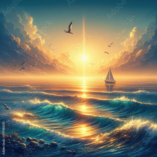 Generative AI beautiful view of the clear ocean in the afternoon, ocean view at sunset, beautiful ocean view unfolding with the sunset, beauty of the ocean at sunset, beautiful ocean in the afternoon 