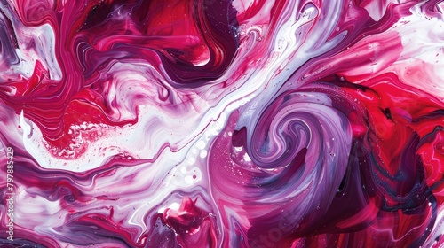 A red and white pattern with swirls of purple, resembling an abstract painting. The background is filled with fluid shapes that create the appearance of liquid paint