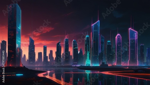  cyberpunk city skyline at night with reflection 