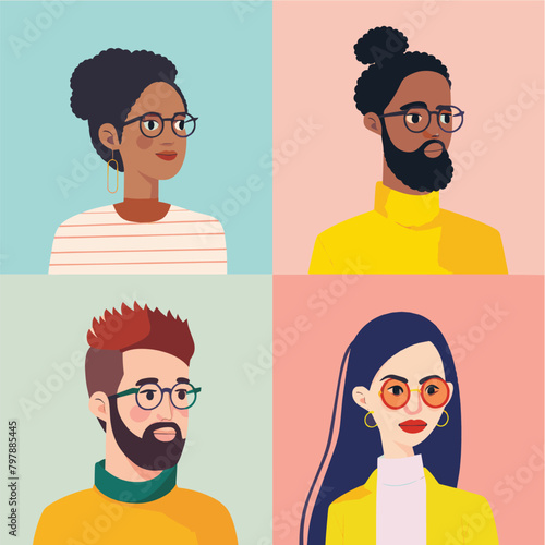 A set of modern flat vector illustration avatar multicultural diverse portraits