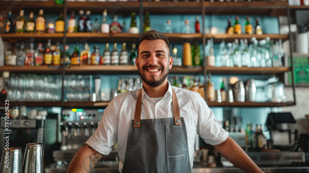 Confident young male bartender in apron Confident young male bartender in apron