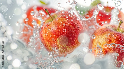 Fresh apples being washed with water droplets visible