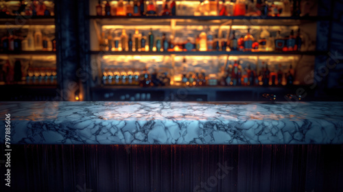 Dark marble bar counter and shelves with bottles in blurred background