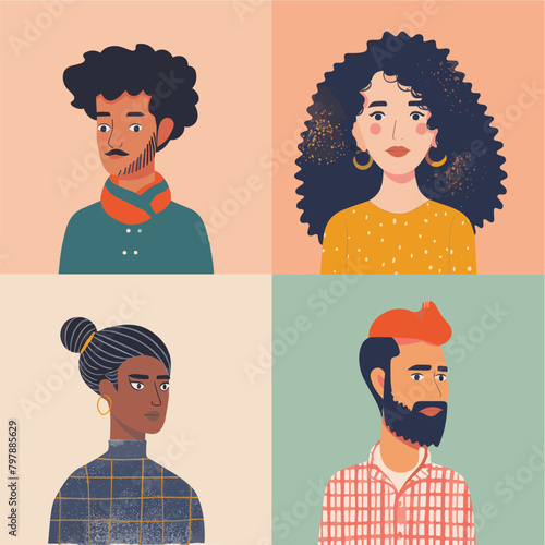 A set of modern flat vector illustration avatar multicultural diverse portraits