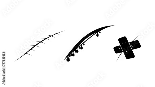 cut, wound, stitch on a wound, black isolated silhouette
