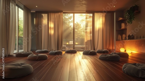 A serene meditation room in a spa retreat  with cushions arranged for comfortable seating and soft ambient lighting for inner peace.