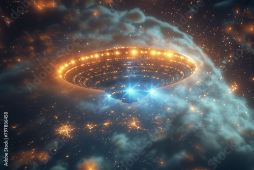 UFO spacecraft emitting light in a starry galaxy  concept of extraterrestrial visitation