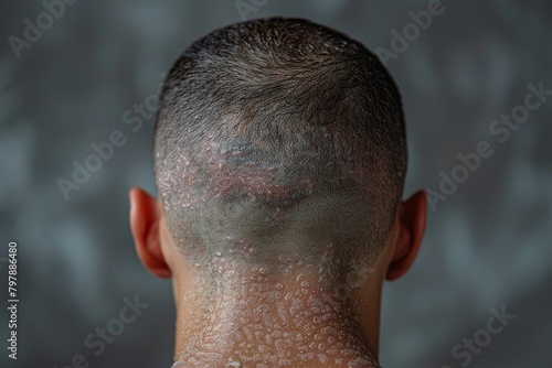 This image captures sweat on a man's nape and the lower back of his head, emphasizing individual hair and skin details