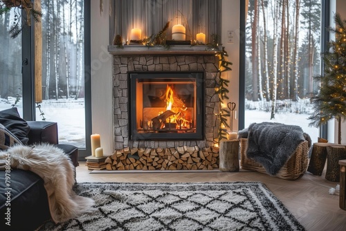 A homely and warm winter cabin interior with a fireplace, surrounded by comfortable furnishings and snowy exterior view photo