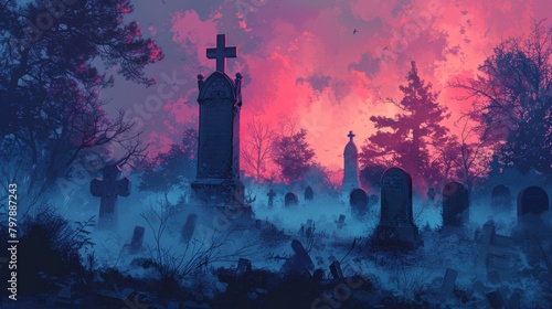 A dark, foggy graveyard at night with tombstones and a large cross in the foreground. The sky is a deep red. photo