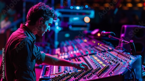 A sound engineer fine-tuning settings on a mixing console for a live event photo