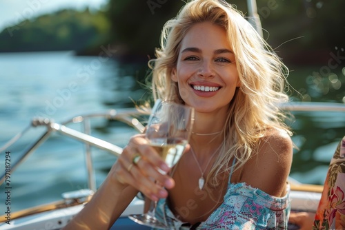 Attractive woman holding a wine glass, enjoying summer on a boat with friends © Pinklife