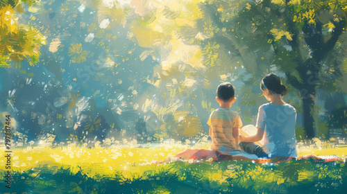 A warm  painted scene of a mother and son reading a book together in a sunny meadow  surrounded by nature.
