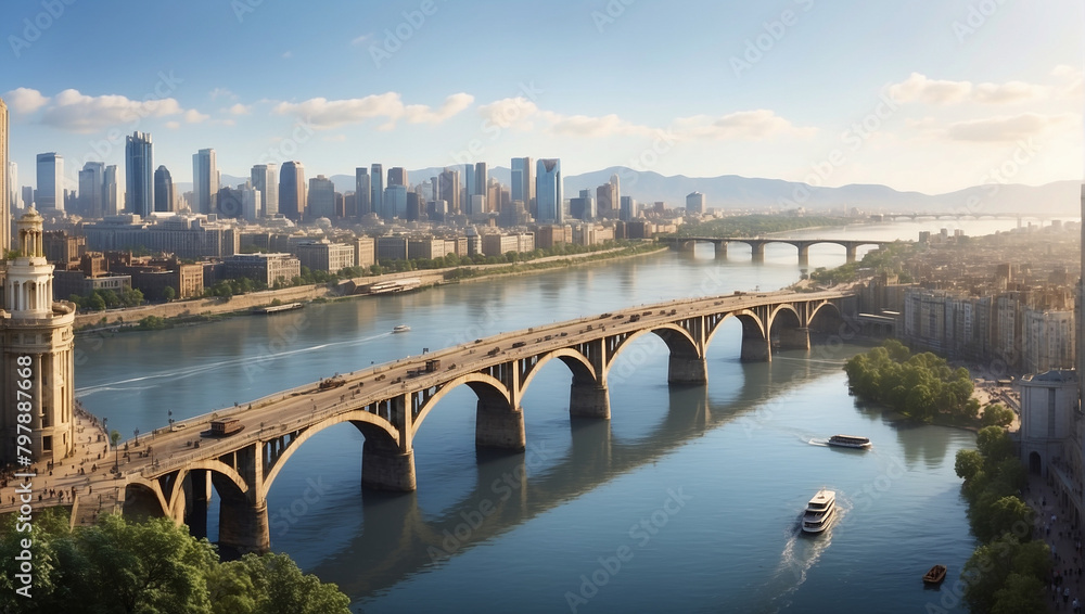 A photo of a bridge over a river with a city in the background