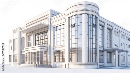 Isolated 3D rendering of Art Deco architecture, highlighting its intricate details and sleek lines.