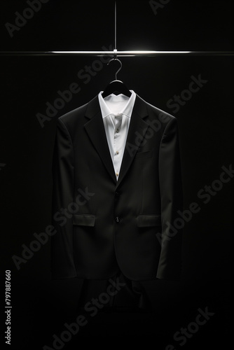 Black suit with a white shirt displayed on a hanger against a dark background photo