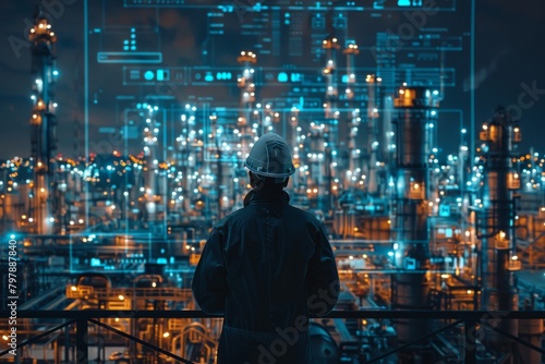 men in hard hats looking out at an oil rig in the Rear view of engineer with oil refinery industry plant in, industrial instruments in the factory and futuristic hologram concept, Industry 4.0 